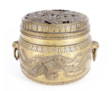 Japanese bronze temple censer, the domed reticulated cover decorated with a pair of Phoenix in flight, over a round body with