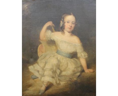 19TH CENTURY SCHOOL Full length portrait of a young girl in white dress Oil painting on canvas, unsigned, 90cm x 69cm, frame 