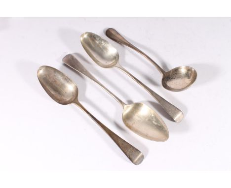 Three Georgian matched silver tablespoons, various dates and makers, together with a Victorian silver ladle, makers mark rubb