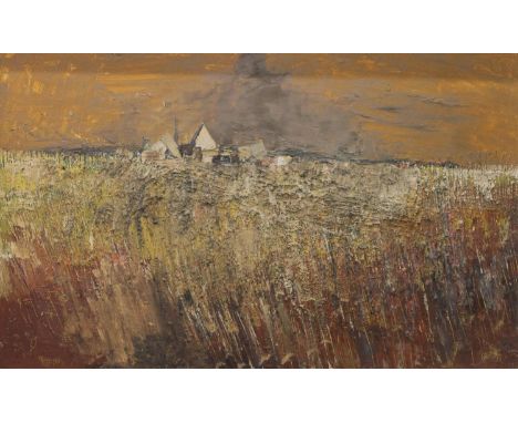 20TH CENTURY SCHOOL  Farm and surrounding pastoral landscape  Acrylic painting on board, unsigned, 73cm x 119cm, frame 87cmx 