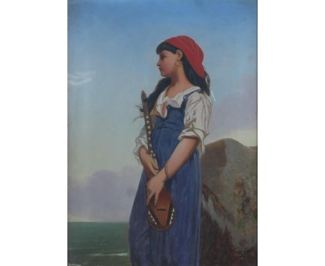 19TH CENTURY SCHOOL  Three quarter length portrait of gypsy girl holding musical instrument  Oil painting on canvas, signed w