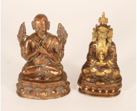 Painted bronze figurine of a Boddhivista with gilt highlights and one other Buddha figure, max H11.5cm Condition - Good condi