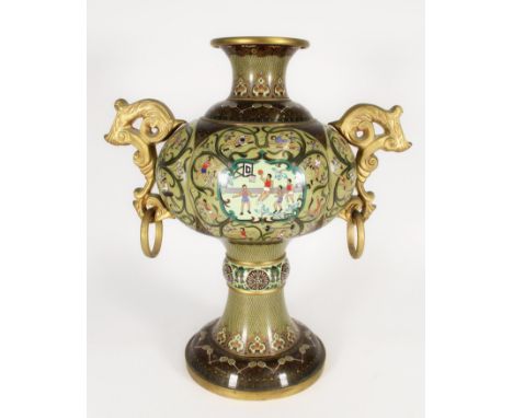 Chinese cloisonne vase, with cast metal handles around a body decorated with sporting motifs and racquets above a central the