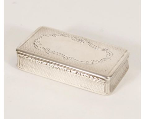 Antique Victorian silver snuff box of rectangular shape having rounded corners and concave sides, the faces with engine turne