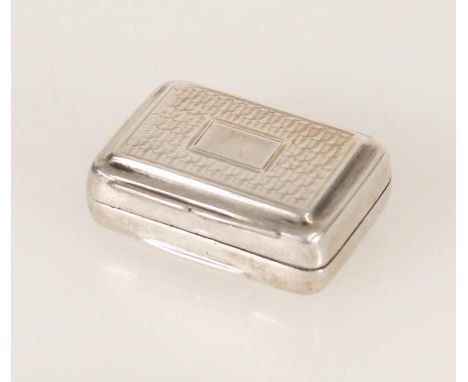 Antique William IV silver vinaigrette of rectangular shape with cushioned edges, the top and bottom faces with engine turned 