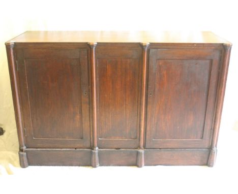 Antique Gothic style mahogany two door sideboard with chamfered coulmns raised on plinth base, 153cm wide x 53cm deep x 97cm 