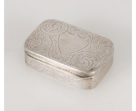 Antique Victorian silver snuff box of rectangular shape having rounded corners and incised with scroll designs, by Hawksworth