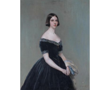 D MUIRHEAD  Three quarter length portrait of a lady wearing black dress  Oil painting on board, signed lower right, 49cm x 39