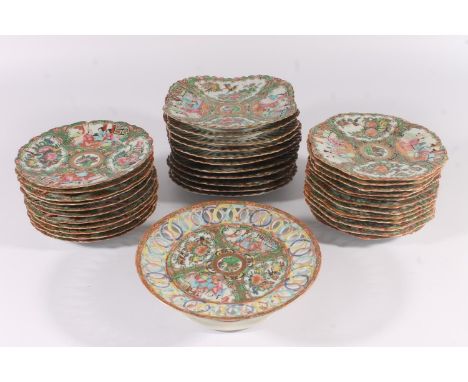 Chinese export Canton enamel Famille Rose porcelain table ware, late Republic period, consisting of pedestal dish, twelve oct
