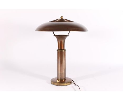 Art Deco industrial style copper and metal table lamp, after Bert Dickerson c. 1930s, the stepped mushroom shade over a turne