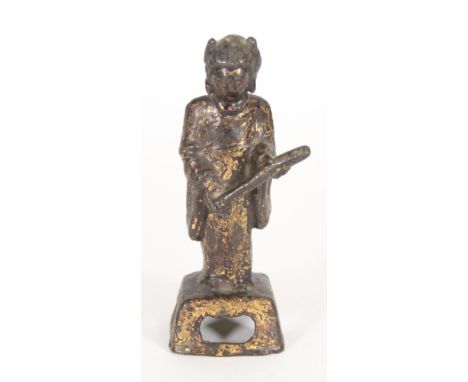 Chinese bronze figurine of an offical holding a club, with partial gilt highlights, H15.5cm.