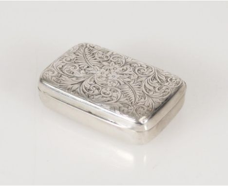 Antique Victorian silver snuff box or vesta case, the lid with incised scrolling foliate design, striker to the edge, by Thom