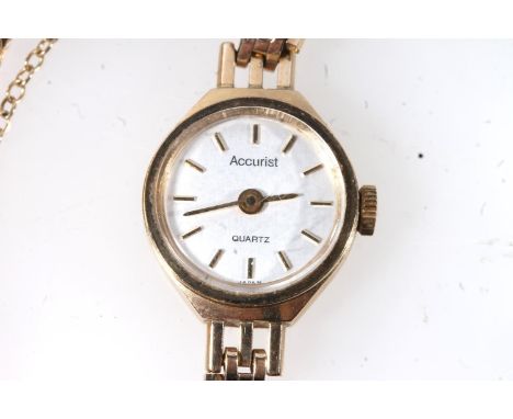 Ladies 9ct gold Accurist wristwatch with baton five minute markers, on 9ct gold gate link strap, gross 12.1g.