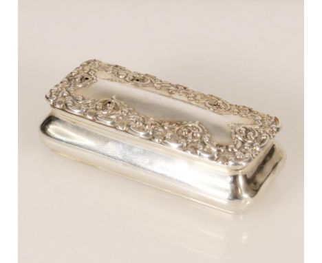 Antique Victorian silver snuff box, the lid with scrolling foliate border edge above ogee body, by Deakin &amp; Francis Ltd, 