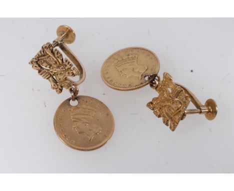 1856 and 1862 US Liberty head gold dollars pierced and converted to earrings, suspended on 14ct gold Aztec style mounts.