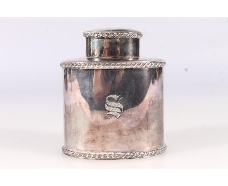 Victorian silver tea caddy, of oval shape with pull off lid and gadrooned borders, Atkin Bros. Sheffield 1897, 138g, H9cm.