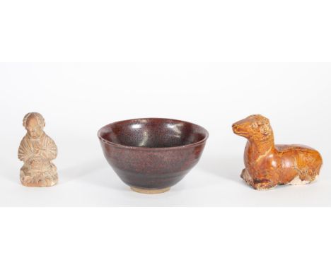 Chinese glazed pottery ram, high fired glazed bowl and a terracotta figurine of a boy holding a bird cage, max H8cm (3) Condi