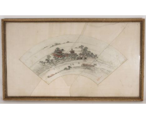 Chinese wood block print of fan shape depicting a road side village scene, frame size 36cm x 61cm, glazed front A/F. Conditio