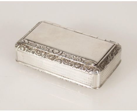 Antique George IV silver snuff box of rectangular form having engine turned decoration and chased floral borders, by Thomas &