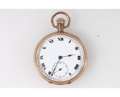 9ct gold open faced pocket watch the white dial with Roman numeral chapter ring and seconds subsidiary dial, all surrounded b