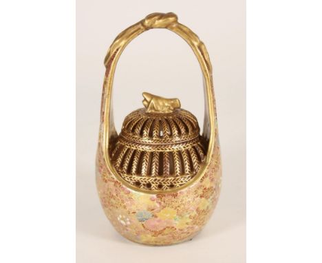 Japanese Satsuma pottery basket form cricket cage, late Meiji period, the loop handle over reticulated domed cover with gilt 