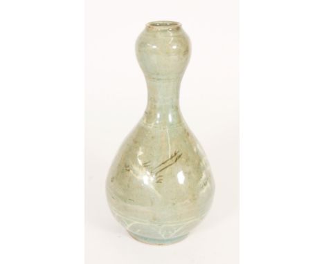 Korean Celadon glazed gourd shaped bottle vase, decorated with storks in flight, H21cm. Condition - Good condition with no da