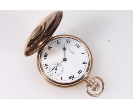 9ct gold Waltham of USA full hunter pocket watch, the enamel dial with Roman numerals and seconds subsidiary dial, all border