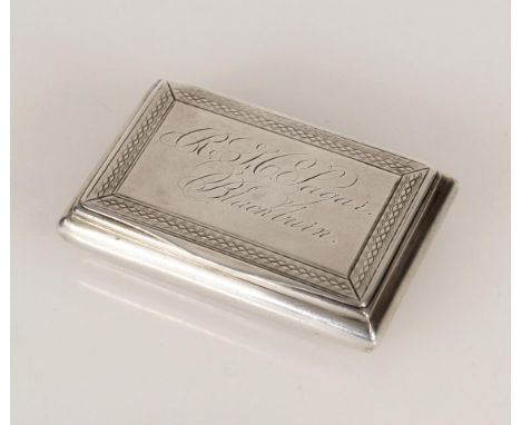 Antique Victorian silver snuff box of cushion shape, the top surface inscribed 'R H Sagar Blackburn' framed by engine turned 