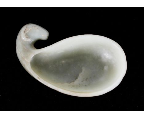 Chinese Mughal type celadon jade washer bowl, the handle in the form of a rams head with lobed body, W11cm. Condition - good 