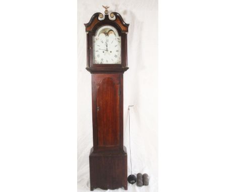 Victorian mahogany cased longcase clock, maker James Bower of Kirriemuir, the face with painted moon roller dial with brass e