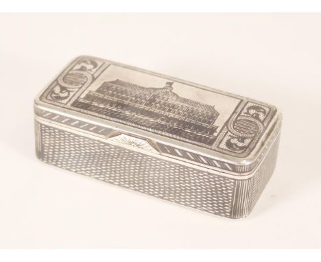 Russian 84 zolotnik grade silver niello snuff box, the top decorated with a view of Grand Kremlin Palace, assay mark of Anato