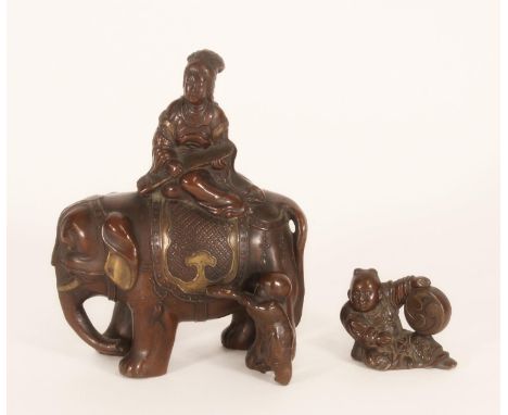 Japanese bronzed metal figure of a musician atop an elephant, together with a small Japanese bronze figure of a boy with drum