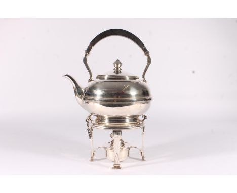 Geo.V period Elkington and Co. silver plated spirit kettle, the ebonized handle over ziggurat form finial, ribbed ovoid body 