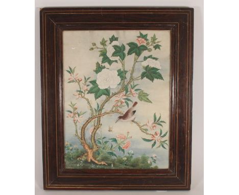 Chinese watercolour painting, of a finch perched on a blossoming branch with peonies and other wild flowers, in a 19thC Frenc