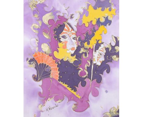 MARIA MORESCHI AFA FPS of Ringwood Hampshire  Half length portrait of a lady with mask  Mixed media on silk, signed lower lef