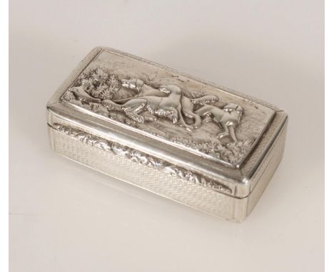 Antique George IV silver snuff box of rectangular form, the top decorated with relief scene of three hunting dogs in a landsc