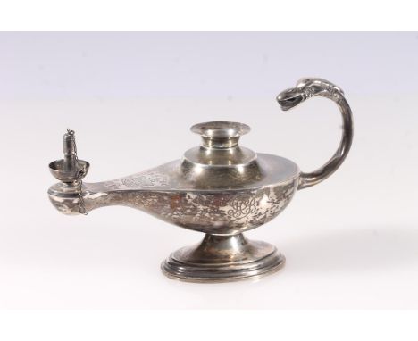 Victorian silver small oil lamp in the form of a Genies lamp, WH Walter Birmingham 1901, L15.2cm.