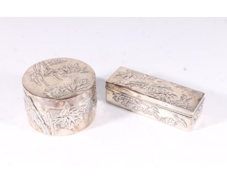 Chinese Wang Hing silver oval box and matching pin box, embossed with bamboo fronds, impressed with WH90 and Chinese seal mar