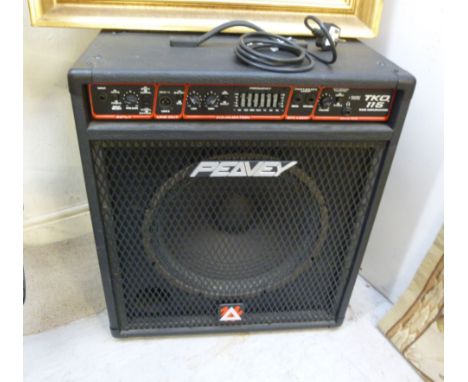 A Pavey TKO.115 freestanding speaker with equalisation, base and an integral amplifier, in a re-enforced black fabric case  2