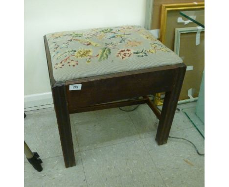 A George III mahogany framed piano stool, the tapestry upholstered seat, raised on square legs       SL