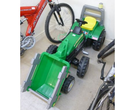 A child's Smoby green and black plastic model tractor and trailer       BSR