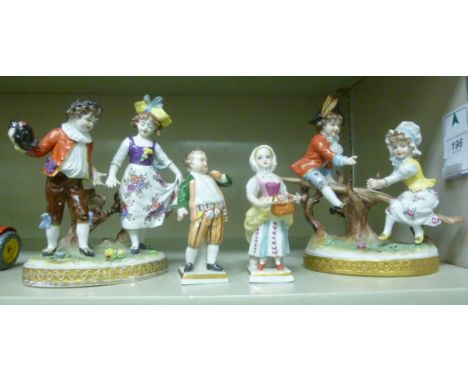Ceramics: to include a pair of mid 20thC Continental porcelain groups, each featuring two children playing  7''h       OS10