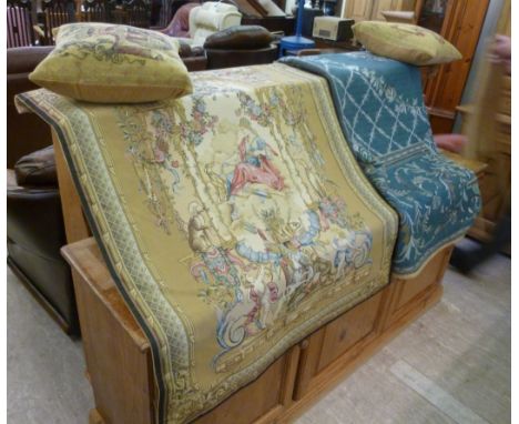 A floral decorated and lined machine made turquoise tapestry throw; a similar tapestry picture, featuring Diana the Goddess o
