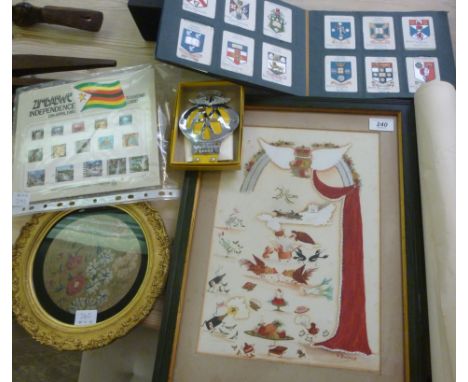 Pictures, cigarette cards and collectables: to include a late Victorian needlework tapestry 8''dia in a gilt frame      RAB