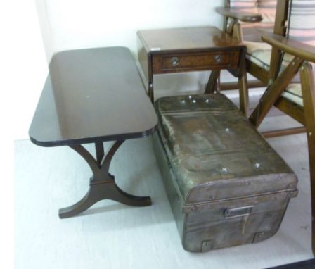 Small furniture: to include a mid 20thC walnut finished sofa style table, raised on splayed legs  21''h  18''w       BSR