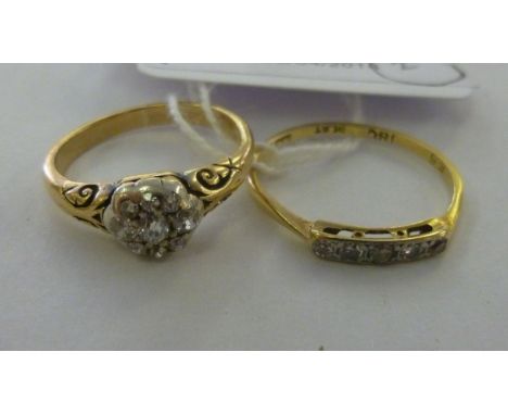 An 18ct gold four stone diamond ring; and another gold coloured metal, nine stone diamond ring         11