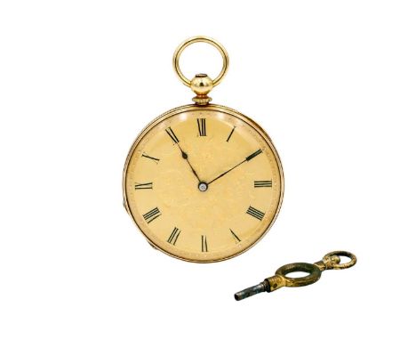 LOGE GENEVE - An 18ct key wind open face cylinder fob pocket watch. The gilt engine turned and engraved dial with black Roman