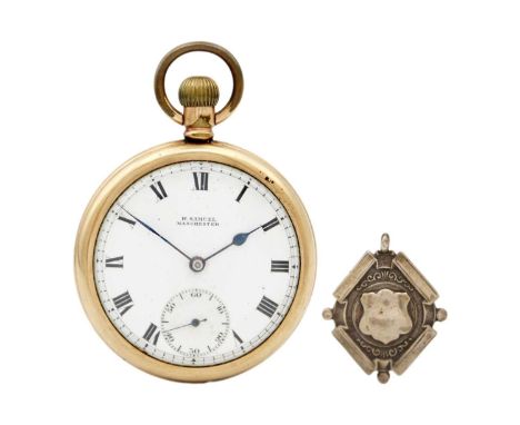 A gold-plated crown wind open face pocket watch. The 42mm white enamel dial with Roman numerals signed H. SMAUEL MANCHESTER, 