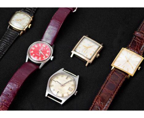 A collection of five gentleman's mechanical wristwatches. To include a Favre-Leuba Seachief with red dial, 30mm; a Tissot gol