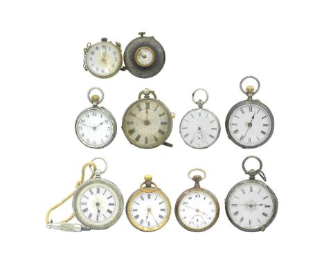 A selection of pocket watches for repairs or spares.  Including a gun metal button hole watch, three silver cased fobs, three